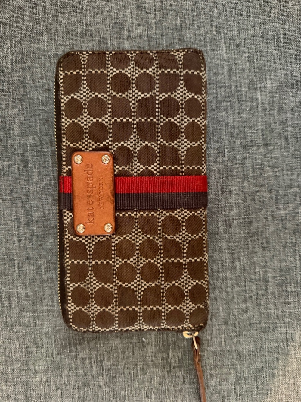 Kate Spade brown and red stripe geo print full zip wallet